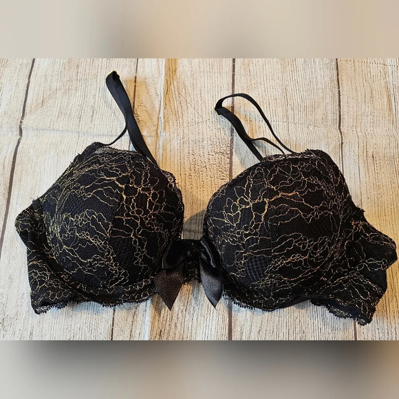 Aerie •Size 34C• Limited Edition Black Gold Underwire Lace Bra w/ Bow Accent - Picture 1 of 7